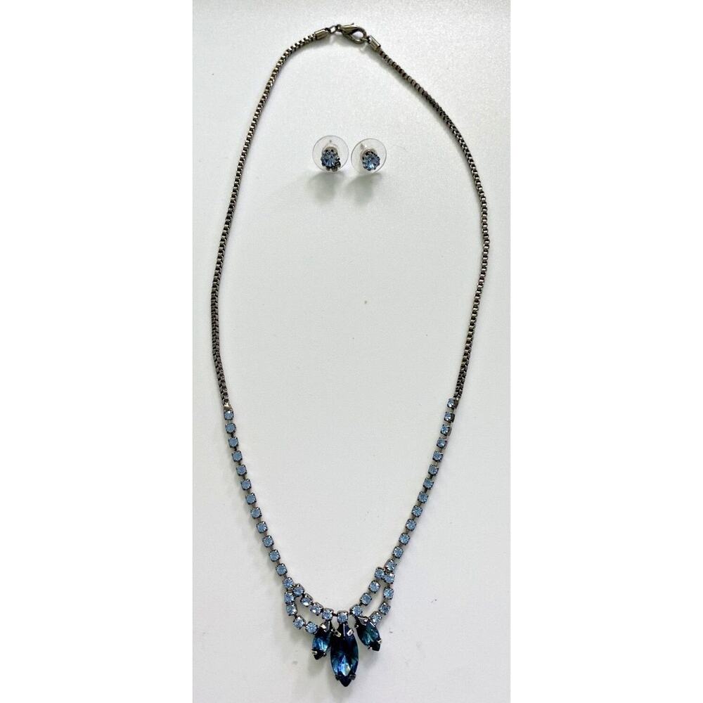 Gunmetal Tone and‎ Blue Jeweled Necklace and Earrings Set #51